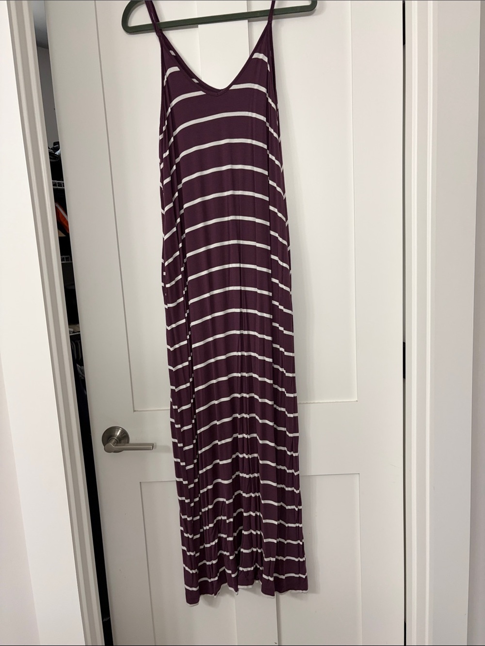 Striped Eggplant Purple & White Spaghetti-Strap Maxi Dress